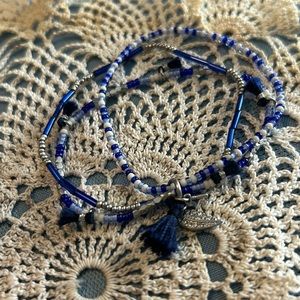 Keep Collective 3-Strand stretchy bracelet with silver leaf charm/blue tassels!